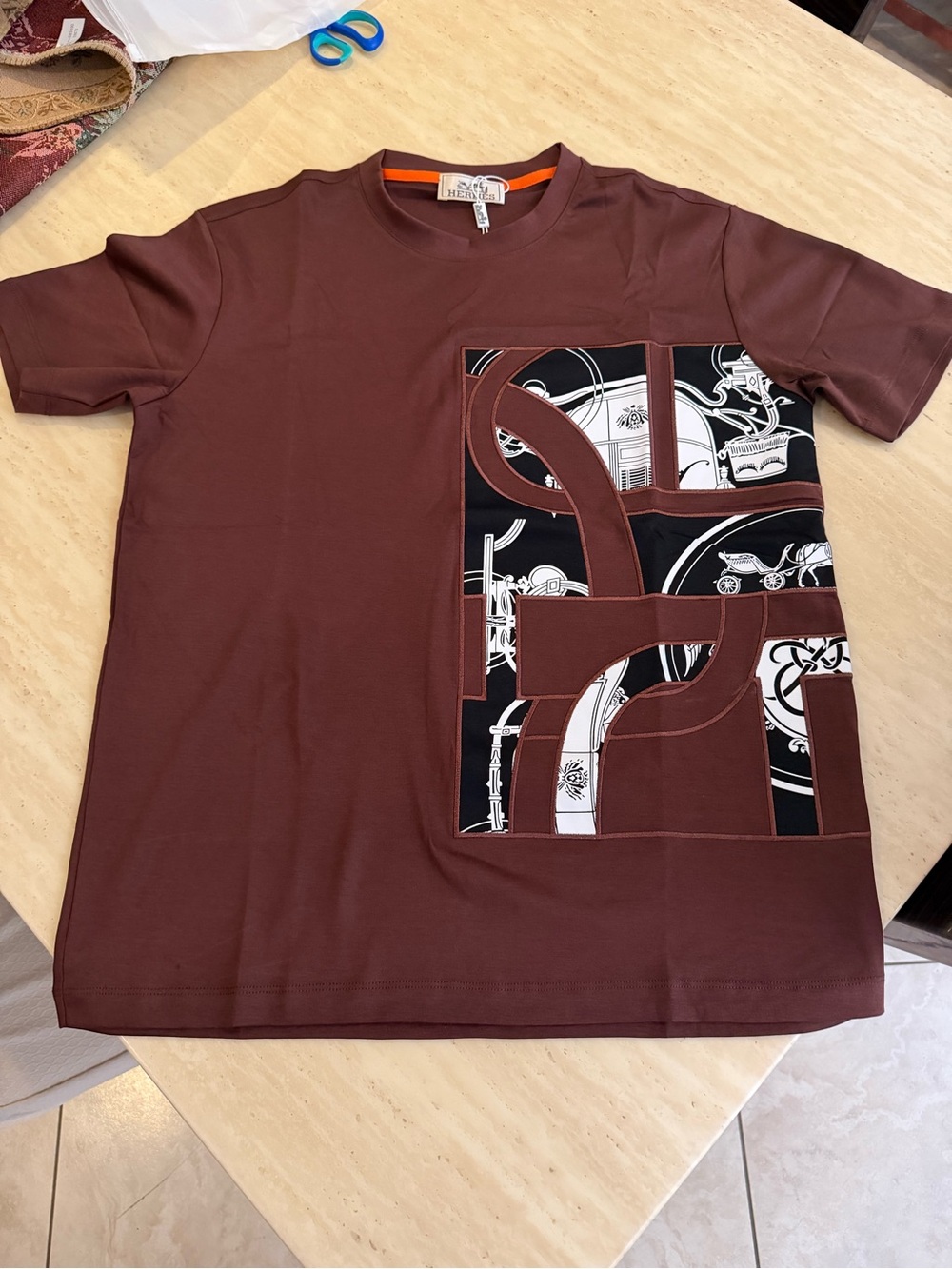 Hermes Brown Short Sleeve Crewneck with Graphic Patchwork